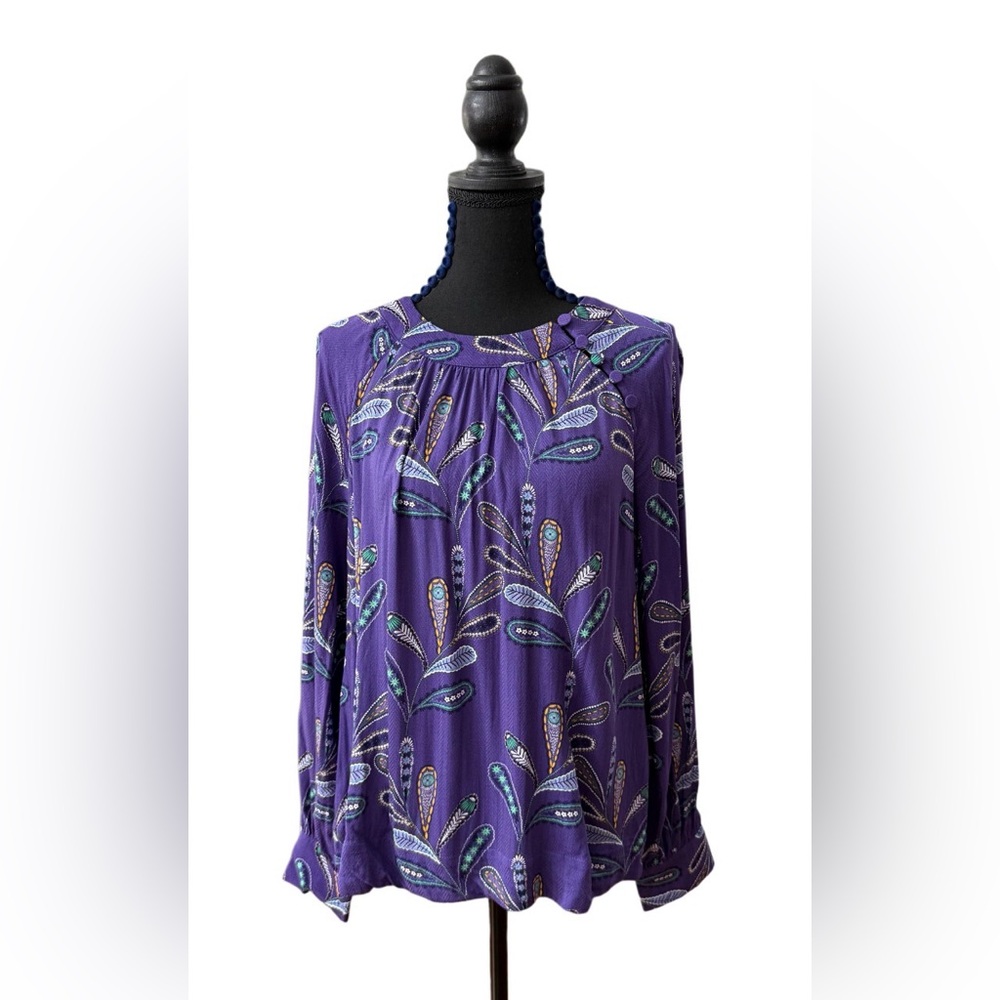 LOFT: Purple Paisley Printed Herringbone Blouse with Button Detail